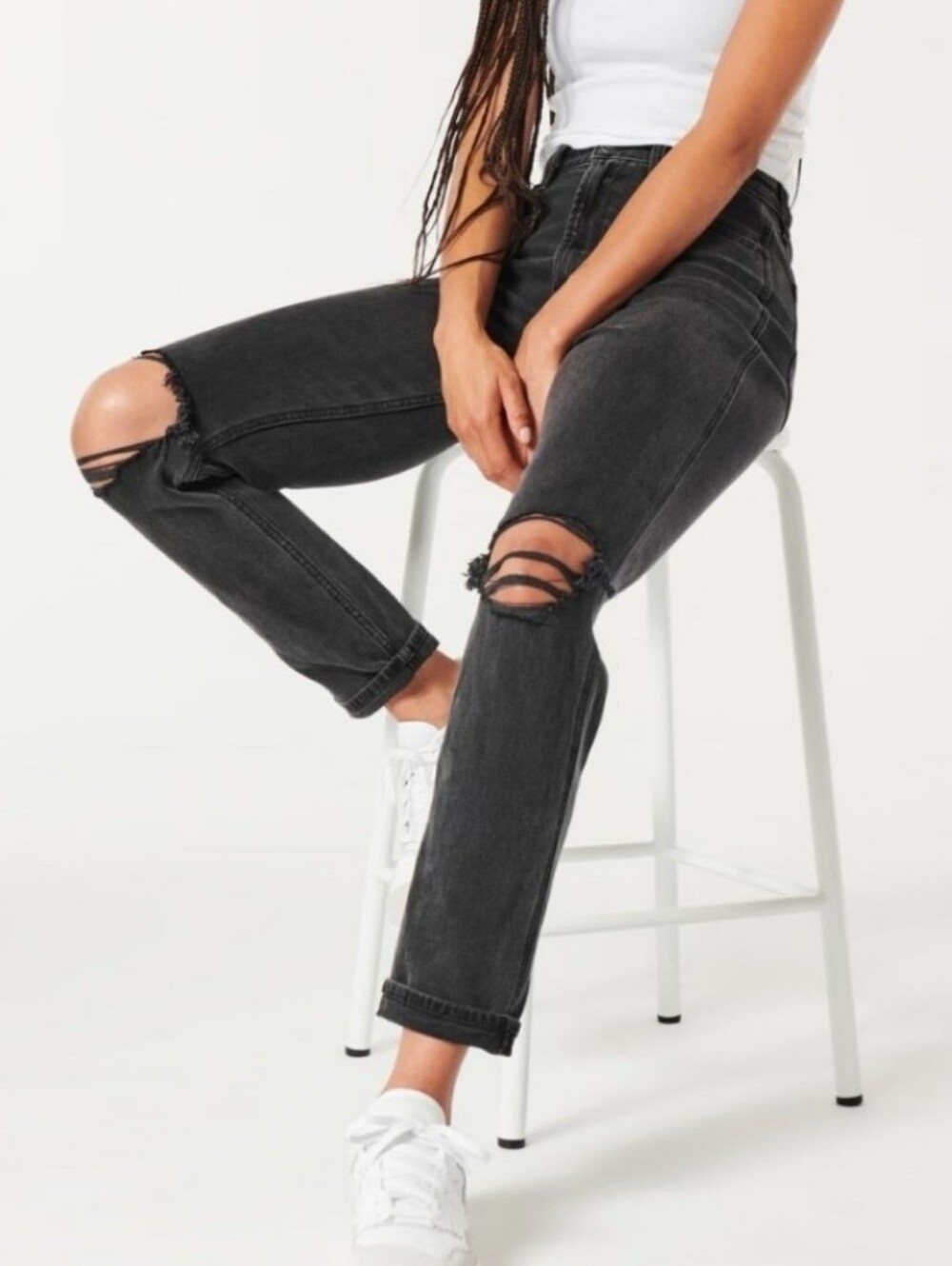 Hollister Busted Knee Distressed Washed Black Ripped Jeans Size 32 X 27